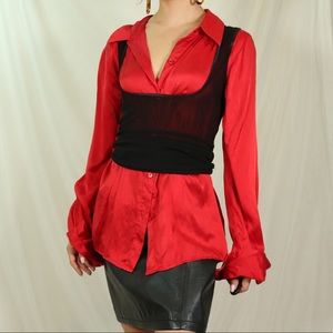 Vintage red silk button-down blouse